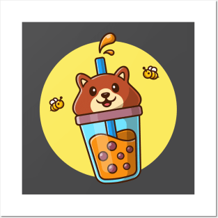 Cute Bear Boba Milk Tea With Bee Cartoon Posters and Art